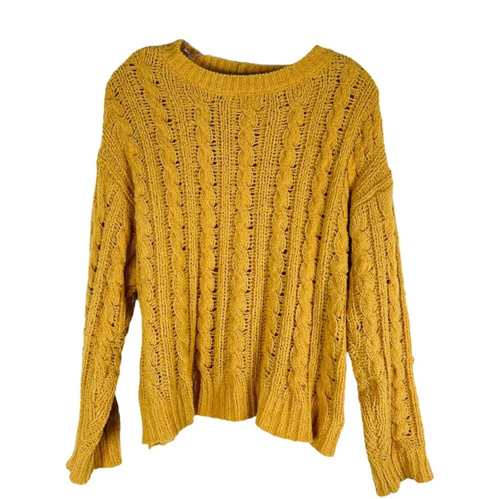AEO yellow chenille open cable knit cropped boxy cozy sweater medium